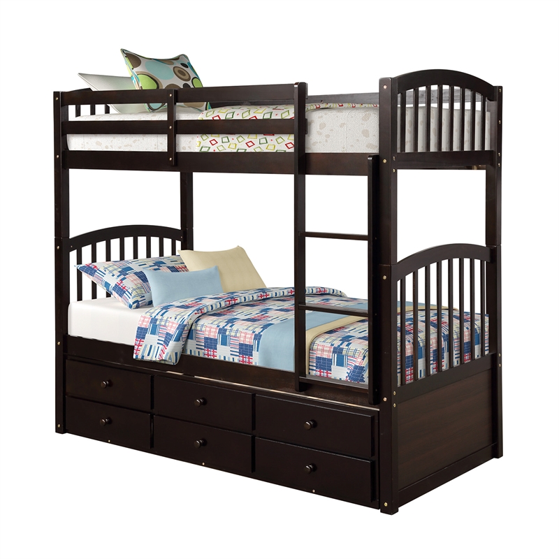 CRO Decor Twin Bunk Bed with Ladder Twin Trundle Bed with 3 Drawers (Espresso)