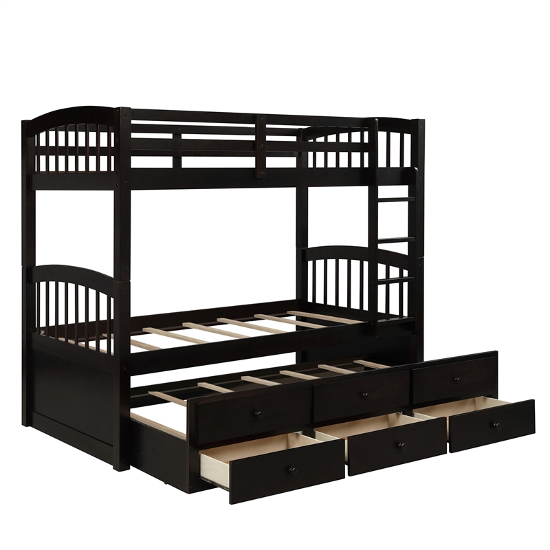 CRO Decor Twin Bunk Bed with Ladder Twin Trundle Bed with 3 Drawers (Espresso)