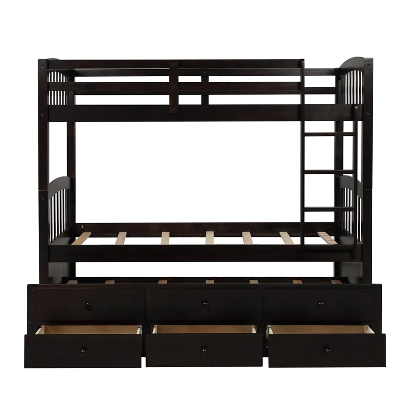 CRO Decor Twin Bunk Bed with Ladder Twin Trundle Bed with 3 Drawers (Espresso)