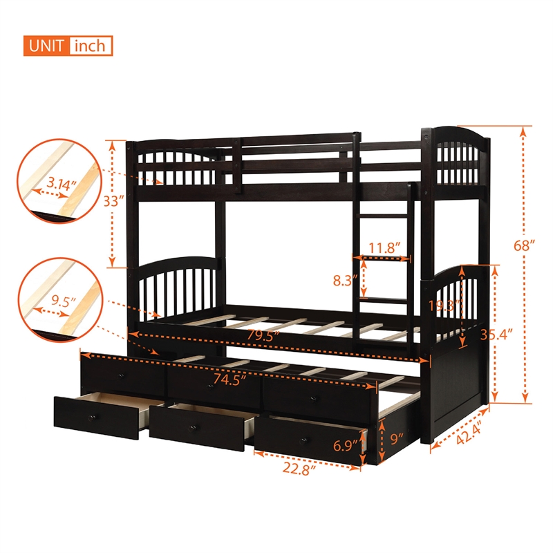 CRO Decor Twin Bunk Bed with Ladder Twin Trundle Bed with 3 Drawers (Espresso)