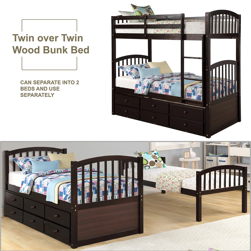 CRO Decor Twin Bunk Bed with Ladder Twin Trundle Bed with 3 Drawers (Espresso)