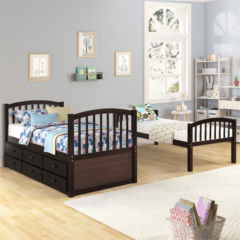 CRO Decor Twin Bunk Bed with Ladder Twin Trundle Bed with 3 Drawers (Espresso)
