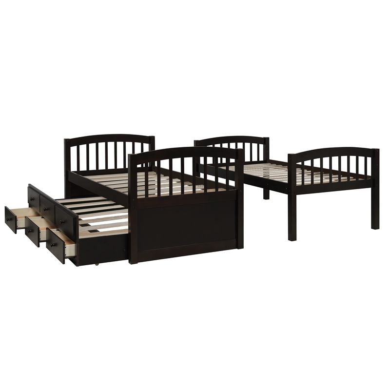 CRO Decor Twin Bunk Bed with Ladder Twin Trundle Bed with 3 Drawers (Espresso)