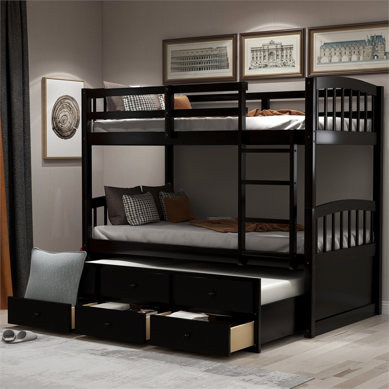 CRO Decor Twin Bunk Bed with Ladder Twin Trundle Bed with 3 Drawers (Espresso)