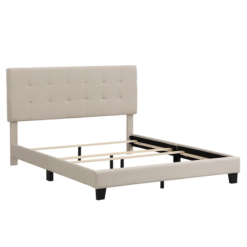 CRO Decor Upholstered Platform Bed with Tufted Headboard Linen Fabric (Queen)