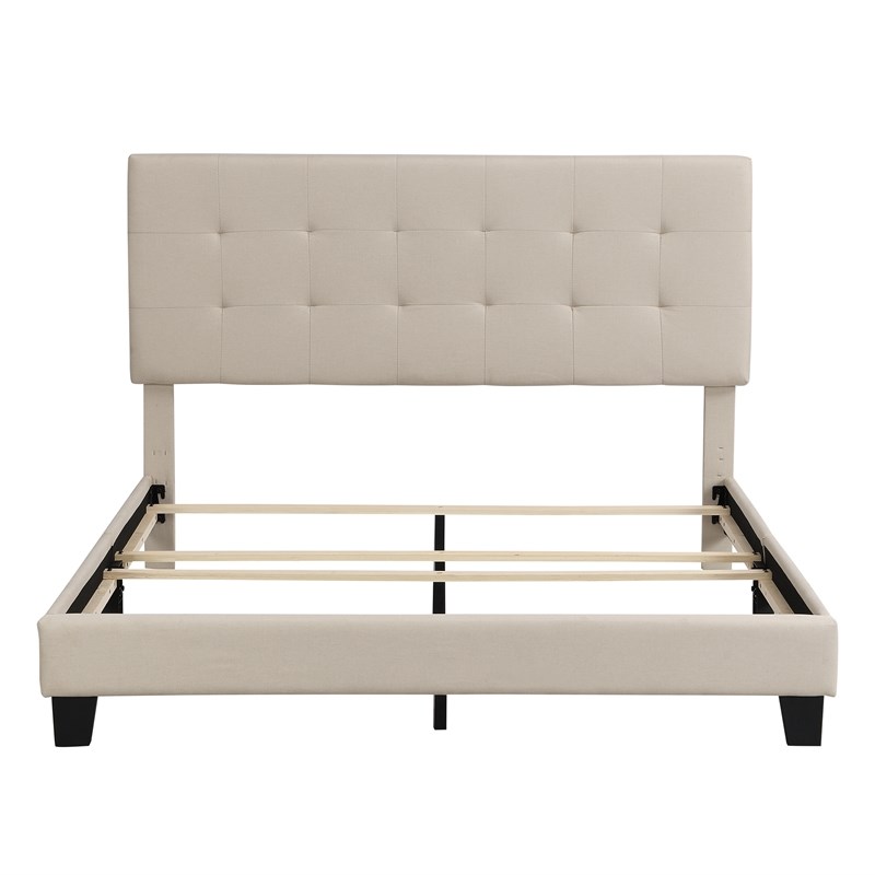 CRO Decor Upholstered Platform Bed with Tufted Headboard Linen Fabric (Queen)