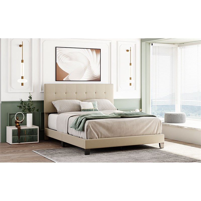 CRO Decor Upholstered Platform Bed with Tufted Headboard Linen Fabric (Queen)