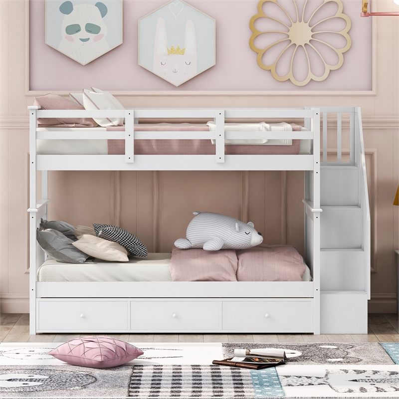 CRO Decor Stairway Twin-Over-Twin Bunk Bed with Three Drawers - White