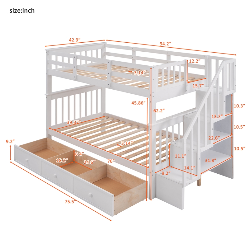CRO Decor Stairway Twin-Over-Twin Bunk Bed with Three Drawers - White