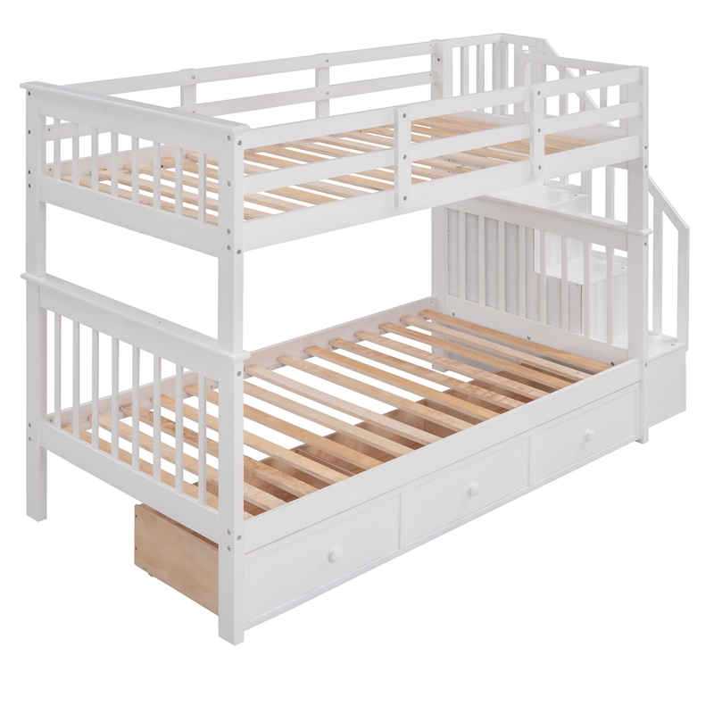 CRO Decor Stairway Twin-Over-Twin Bunk Bed with Three Drawers - White