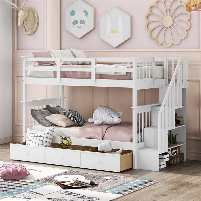 CRO Decor Stairway Twin-Over-Twin Bunk Bed with Three Drawers - White