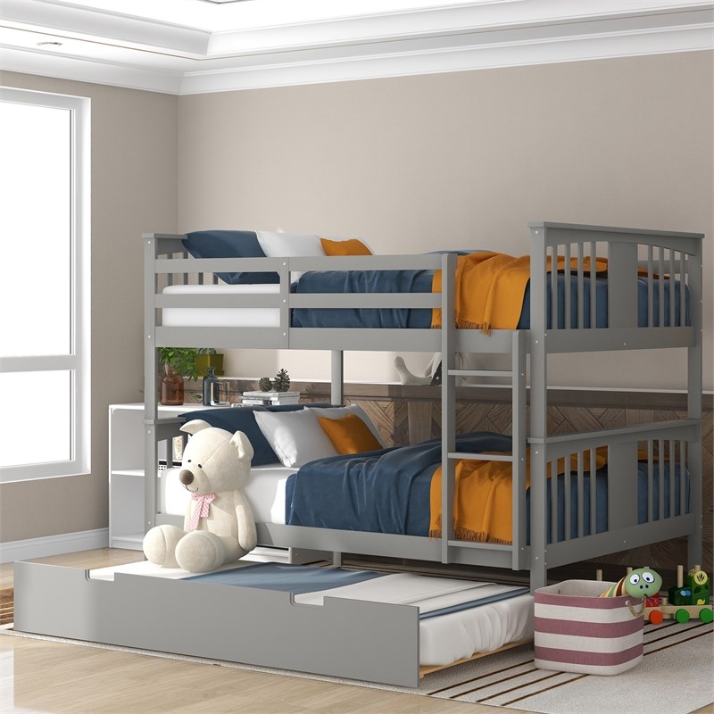 CRO Decor Full over Full Bunk Bed with Twin Size Trundle and Ladder - Gray