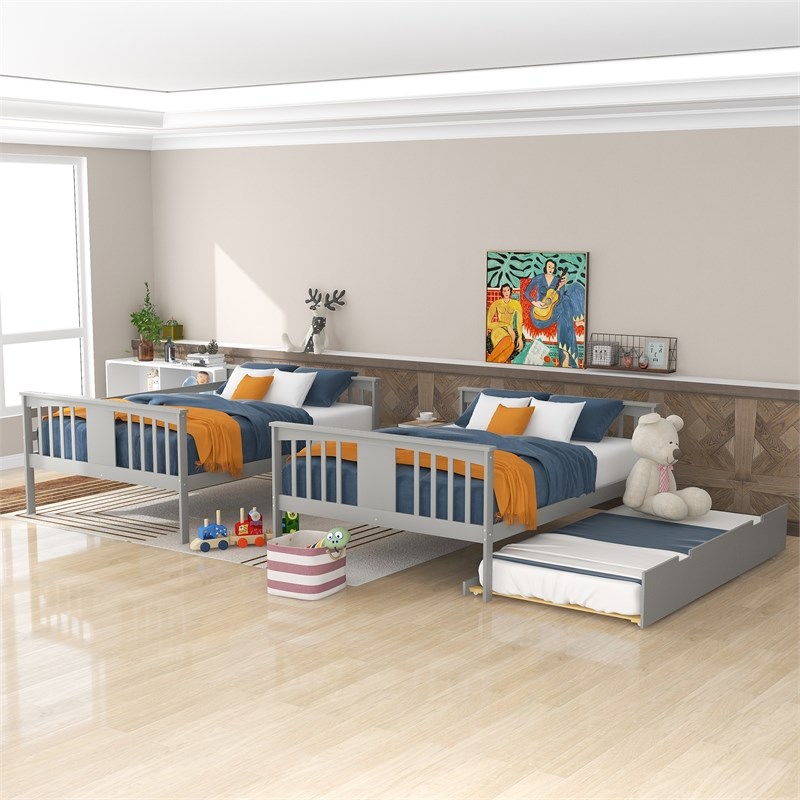 CRO Decor Full over Full Bunk Bed with Twin Size Trundle and Ladder - Gray