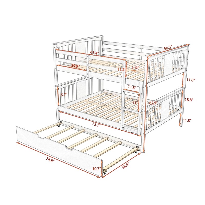 CRO Decor Full over Full Bunk Bed with Twin Size Trundle and Ladder - Gray