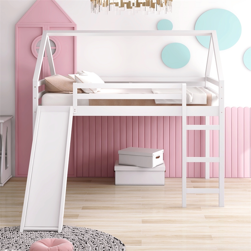 CRO Decor Full Size Loft Bed with Slide House Bed with Slide (White)