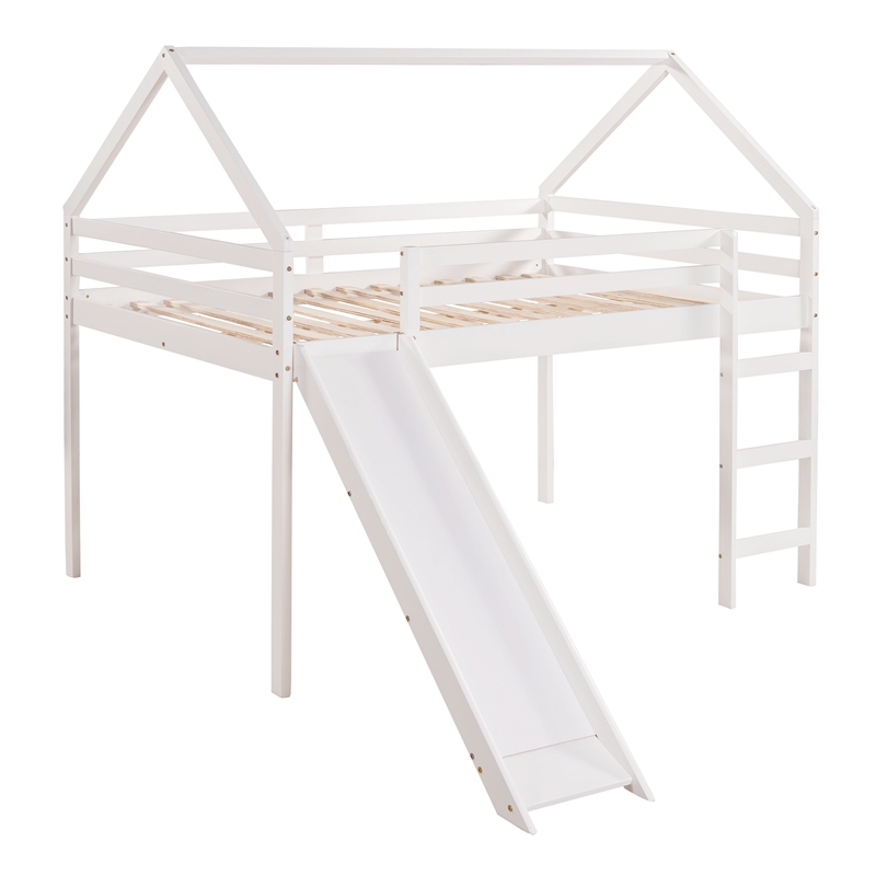 CRO Decor Full Size Loft Bed with Slide House Bed with Slide (White)