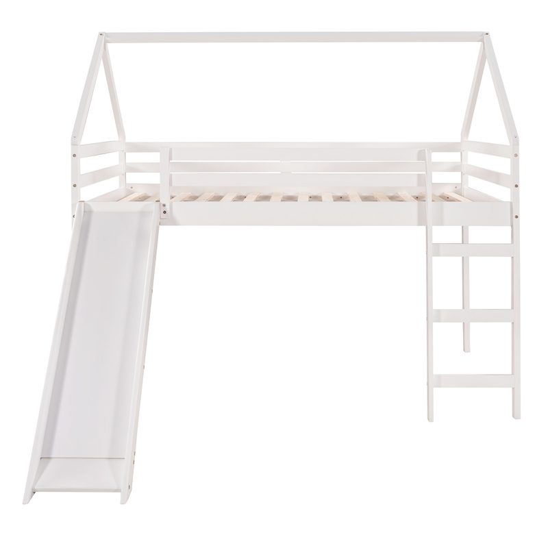 CRO Decor Full Size Loft Bed with Slide House Bed with Slide (White)