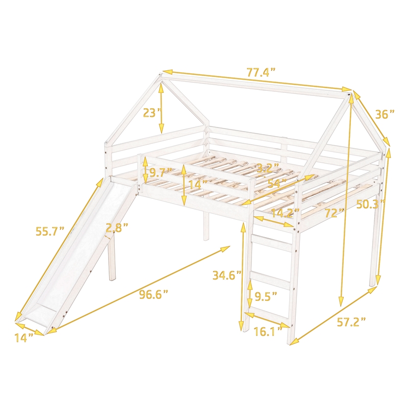 CRO Decor Full Size Loft Bed with Slide House Bed with Slide (White)