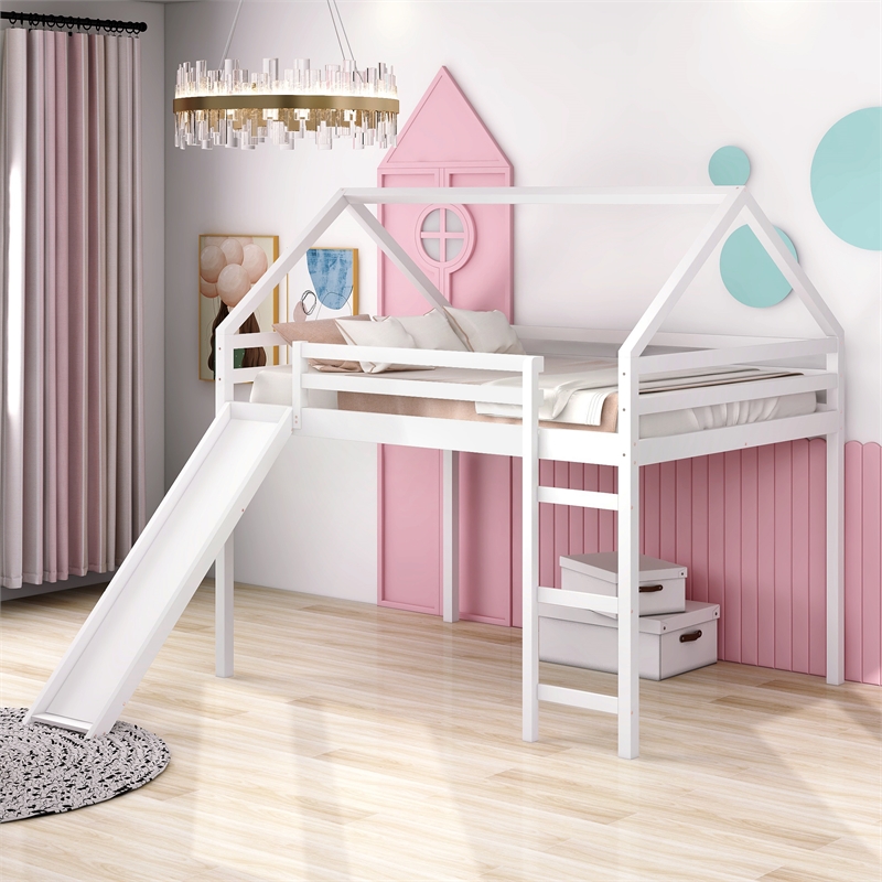 CRO Decor Full Size Loft Bed with Slide House Bed with Slide (White)