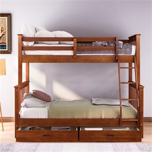 cro decor twin-over-full bunk bed with ladders and two storage drawers (walnut)