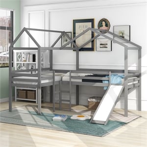 cro decor twin size loft bed wood bed with roof slide guardrail house bed (gray)