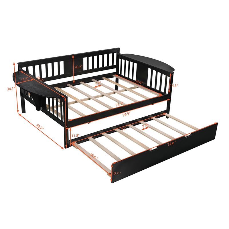 CRO Decor Full size Daybed with Twin size Trundle Wood Slat Support (Espresso)
