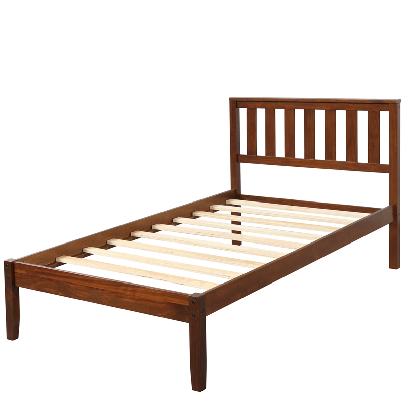 CRO Decor Wood Platform Bed with Headboard/Wood Slat Support Twin (Walnut)