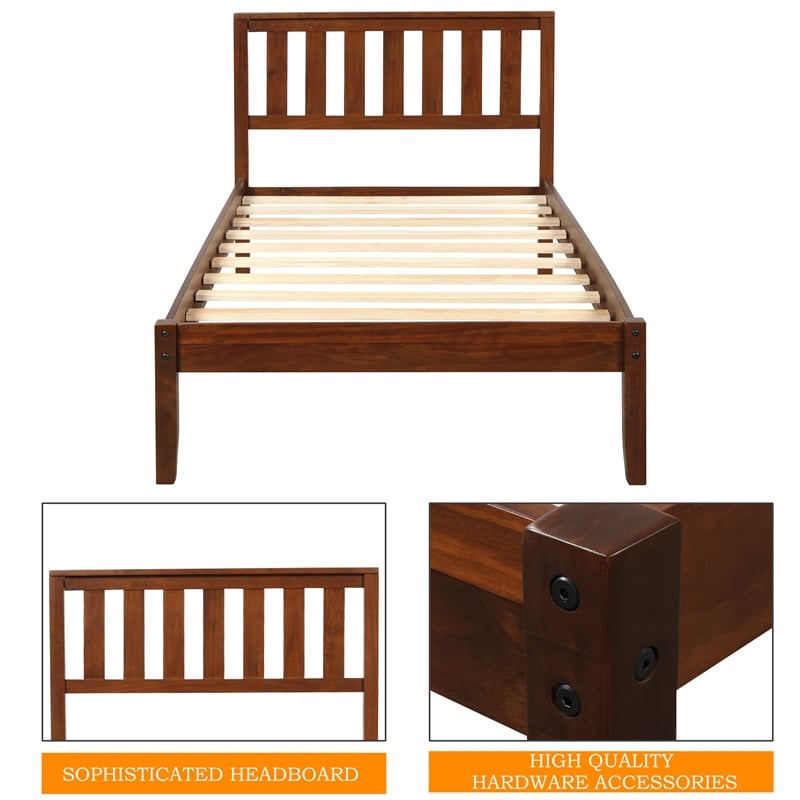 CRO Decor Wood Platform Bed with Headboard/Wood Slat Support Twin (Walnut)