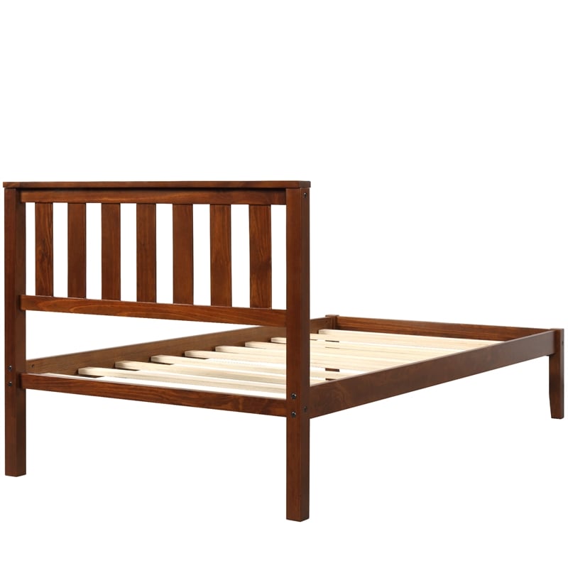 CRO Decor Wood Platform Bed with Headboard/Wood Slat Support Twin (Walnut)
