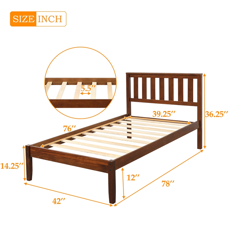 CRO Decor Wood Platform Bed with Headboard/Wood Slat Support Twin (Walnut)