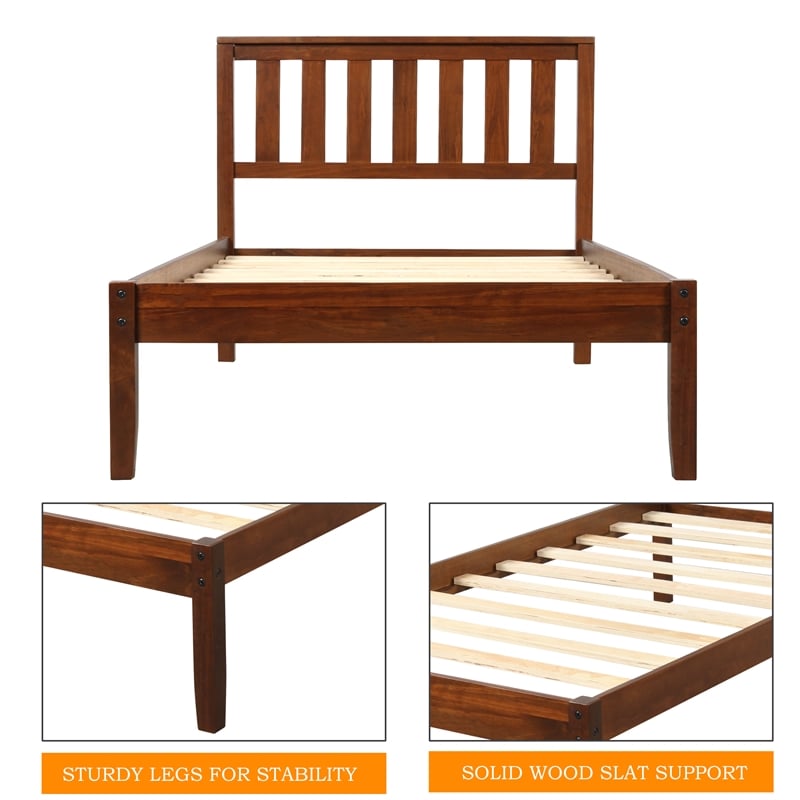 CRO Decor Wood Platform Bed with Headboard/Wood Slat Support Twin (Walnut)