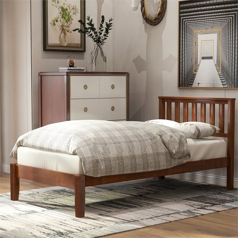 CRO Decor Wood Platform Bed with Headboard/Wood Slat Support Twin (Walnut)