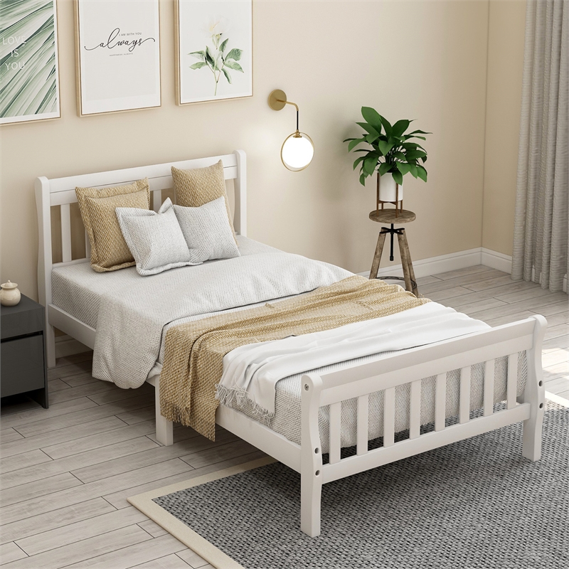 CRO Decor Wood Platform Bed Twin Bed Frame Panel Bed Mattress Sleigh Bed