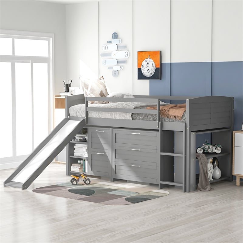 CRO Decor Low Twin Size Loft Bed with Cabinets Shelves and Slide - Gray