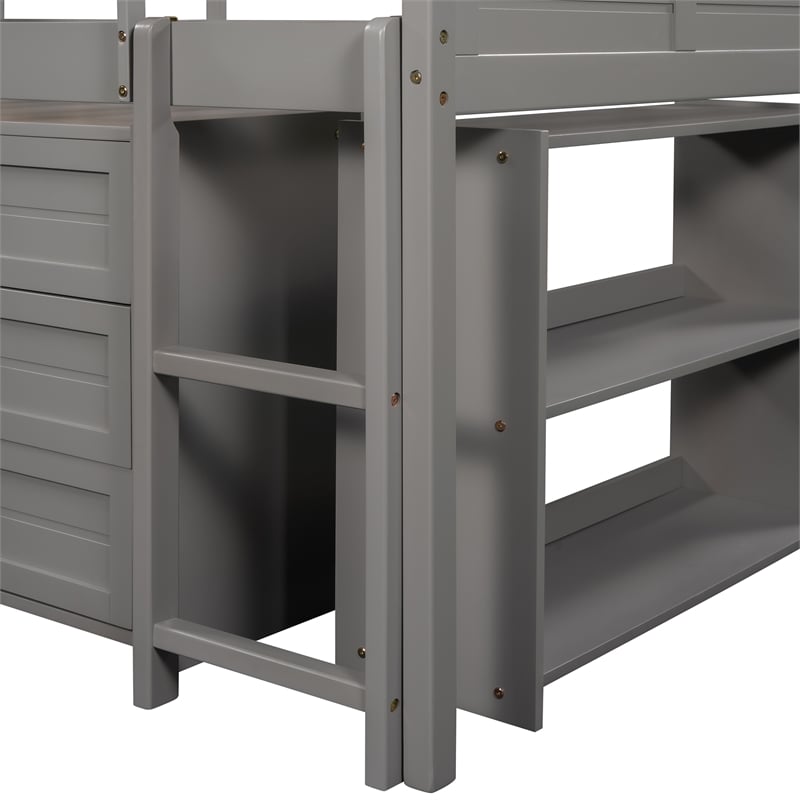 CRO Decor Low Twin Size Loft Bed with Cabinets Shelves and Slide - Gray