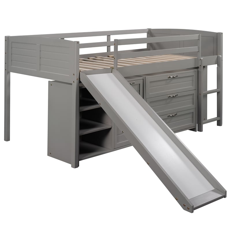 CRO Decor Low Twin Size Loft Bed with Cabinets Shelves and Slide - Gray