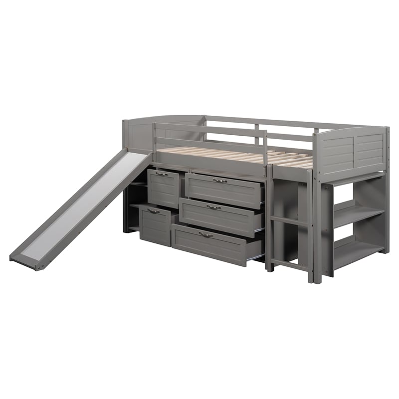 CRO Decor Low Twin Size Loft Bed with Cabinets Shelves and Slide - Gray