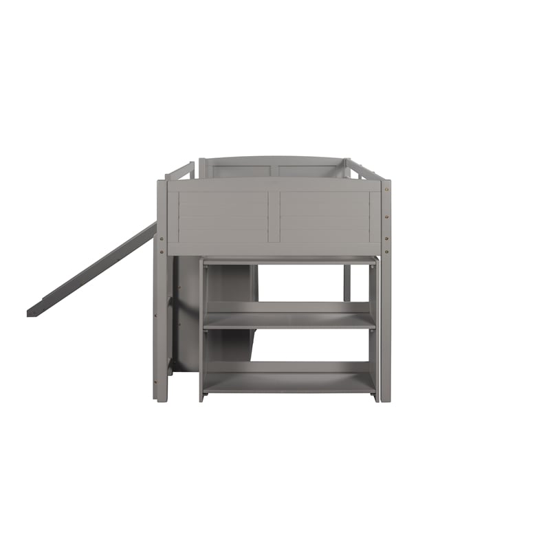CRO Decor Low Twin Size Loft Bed with Cabinets Shelves and Slide - Gray