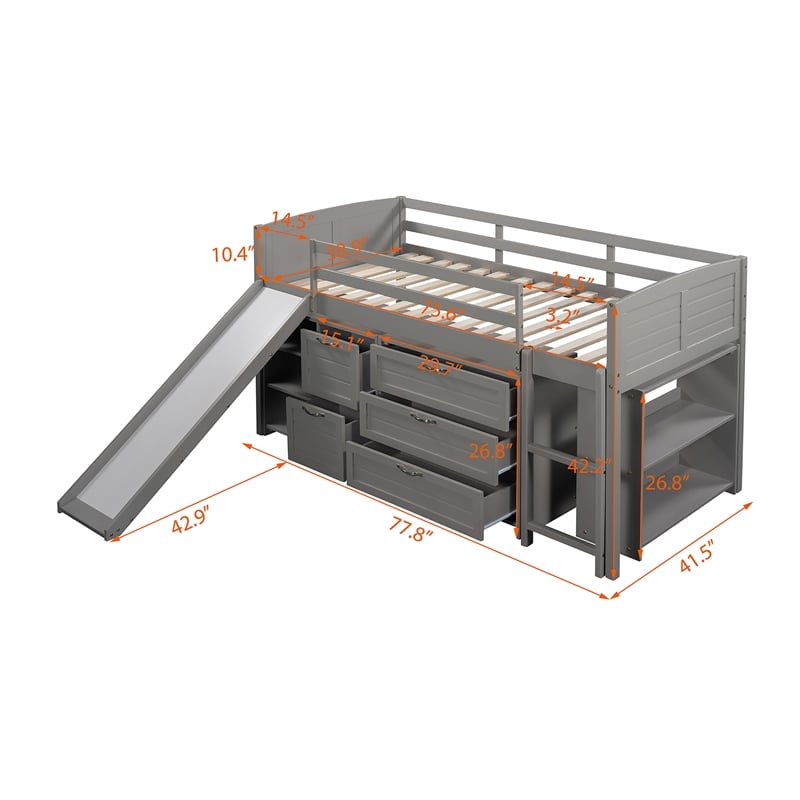 CRO Decor Low Twin Size Loft Bed with Cabinets Shelves and Slide - Gray