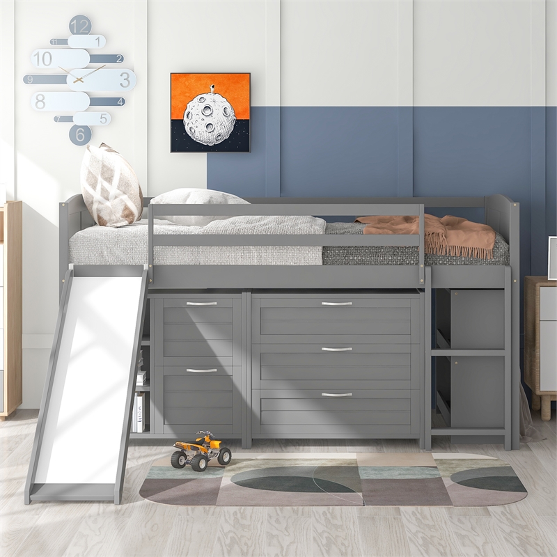 CRO Decor Low Twin Size Loft Bed with Cabinets Shelves and Slide - Gray