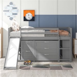 cro decor low twin size loft bed with cabinets shelves and slide - gray