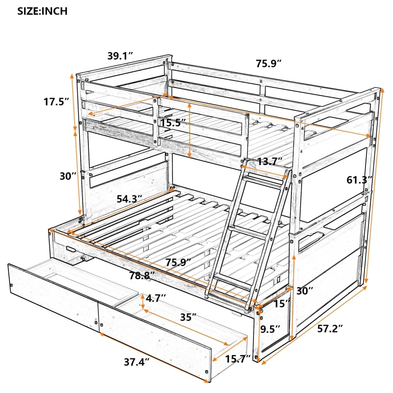 CRO Decor Wood Twin over Full Bunk Bed with Storage - Gray