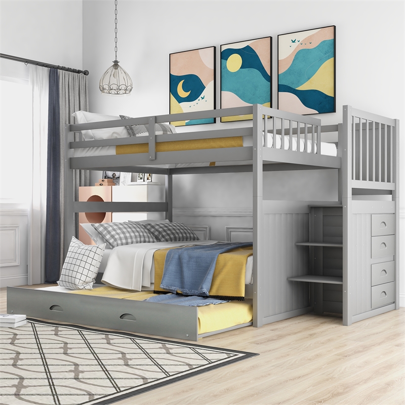CRO Decor Full over Full Bunk Bed with Twin Size Trundle (Gray)