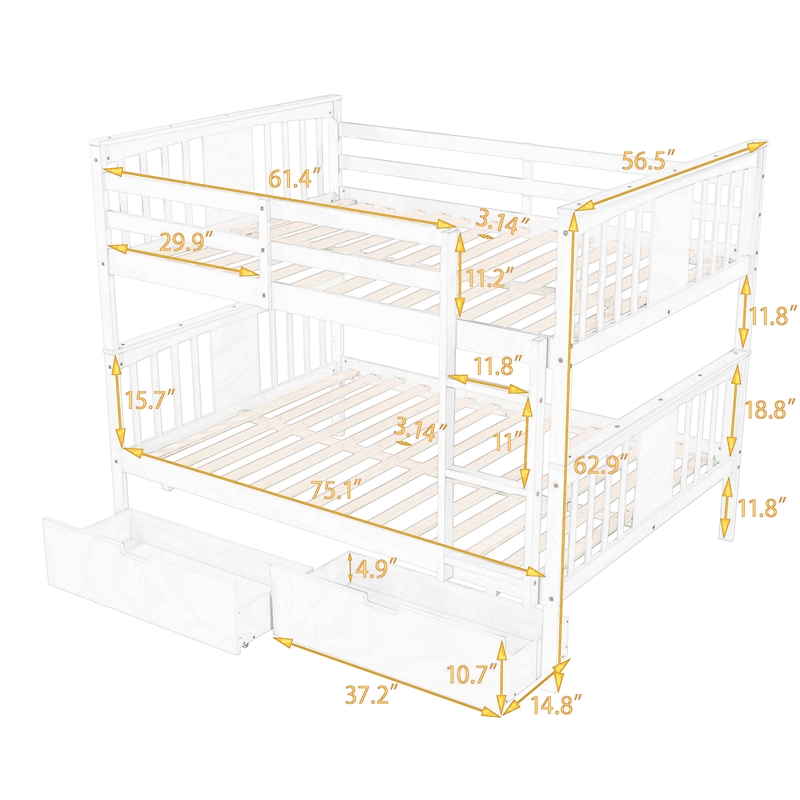 CRO Decor Full over Full Bunk Bed with Drawers and Ladder (White)
