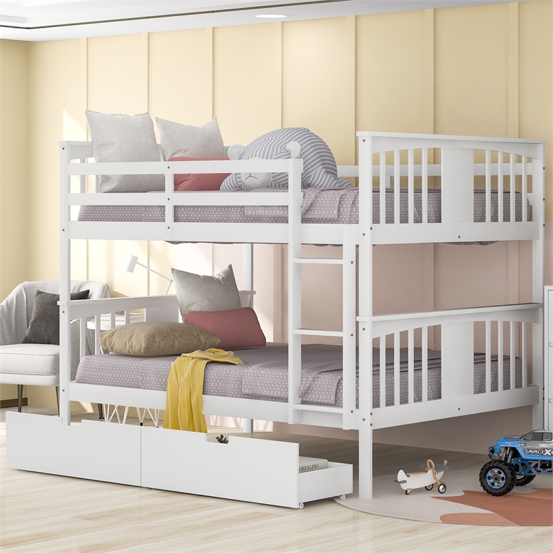 CRO Decor Full over Full Bunk Bed with Drawers and Ladder (White)