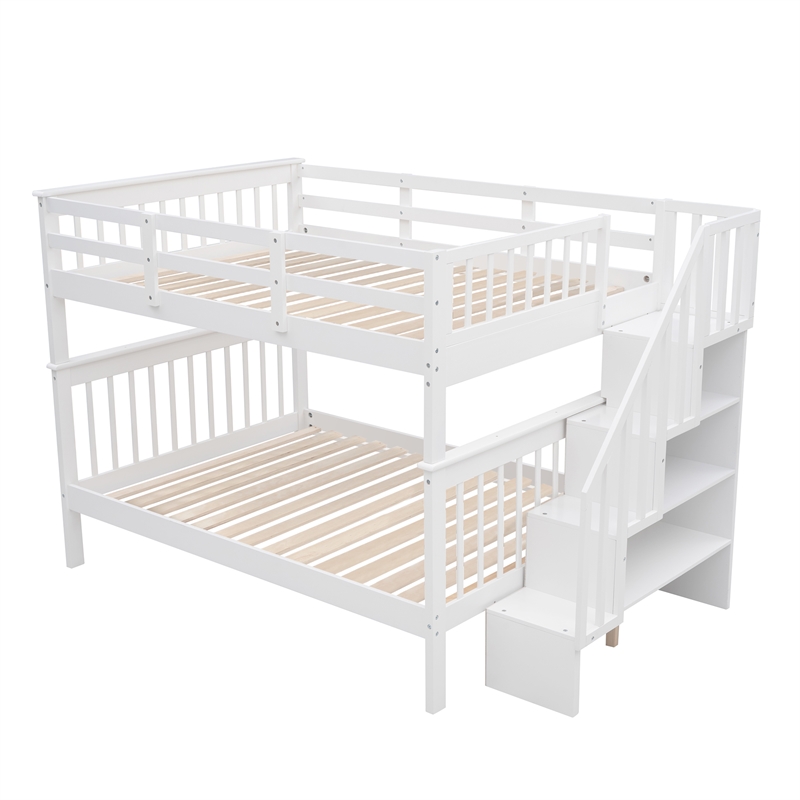 CRO Decor  Stairway Full-Over-Full Bunk Bed with Storage and Guard Rail (White)
