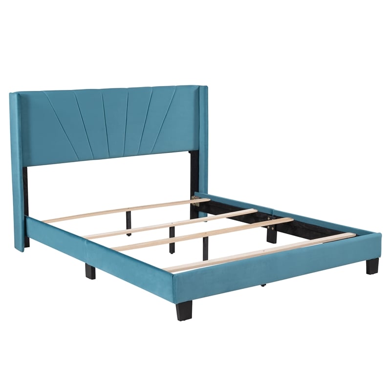 CRO Decor Queen Size Velvet Upholstered Platform Bed Box Spring Needed - Blue
