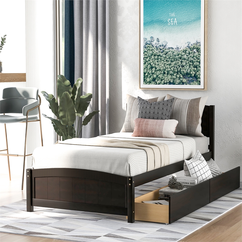 CRO Decor Twin size Platform Bed with Two Drawers (Espresso)