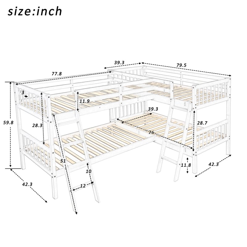 CRO Decor L-Shaped Bunk Bed with Ladder -Twin Size (White)