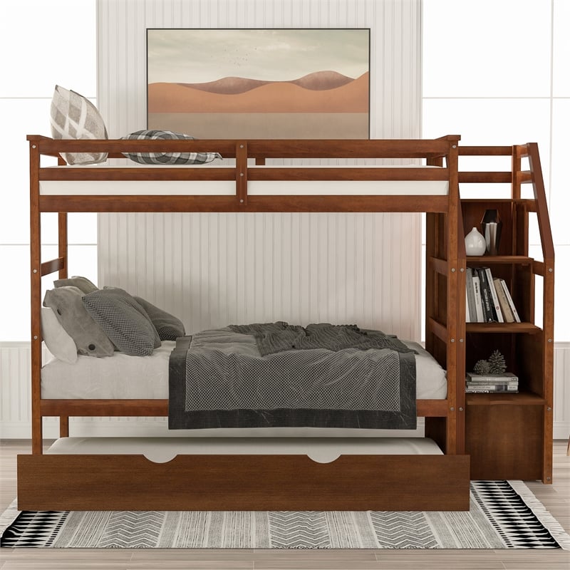 CRO Decor Twin-Over-Twin Bunk Bed withTrundle and 3 Storage Stairs (Walnut)